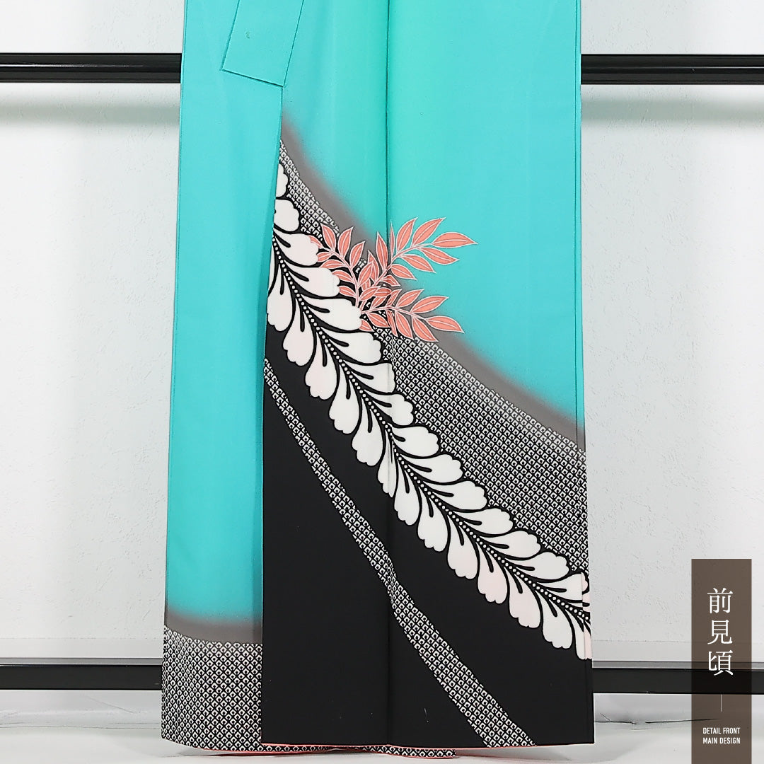 洗える着物 小紋 袷 身丈159cm 裄丈67cm ポリエステル Cランク 踊り用 バチ衿 Lサイズ 藤 緑系 LP 1221-17454