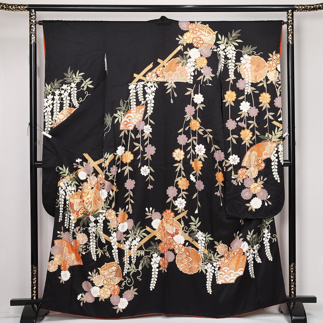 振袖 袷 身丈164cm 裄丈65cm 正絹 Sランク フォーマル 広衿 Lサイズ 吉祥文様 黒系 RP 1215-06787