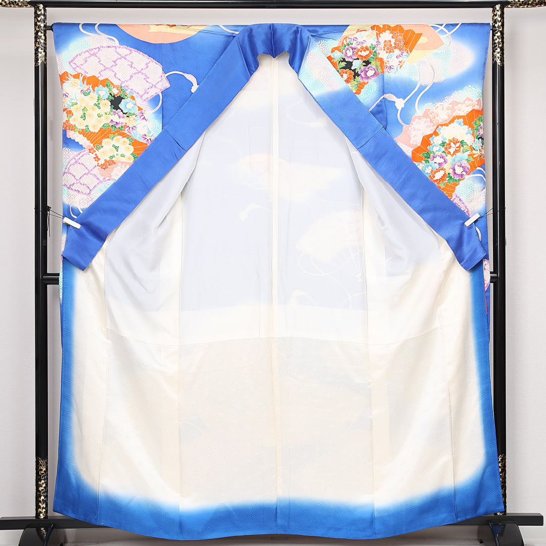 振袖 袷 身丈162cm 裄丈66cm 正絹 Cランク フォーマル 広衿 Lサイズ 扇面文 吉祥文様 青系 RP 1215-06785