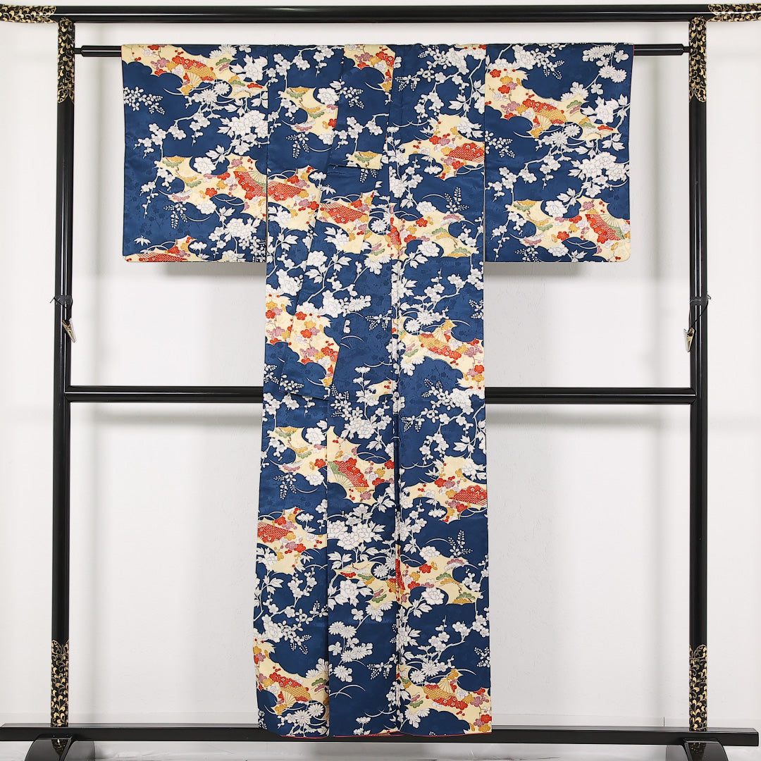 洗える着物 小紋 袷 身丈151cm 裄丈62cm ポリエステル Sランク インフォーマル 広衿 XLサイズ 花扇 青系 RP 1221-17428