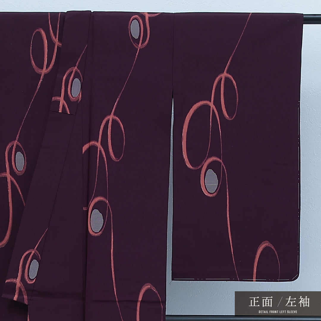 アンティーク お召 単衣 身丈146cm 裄丈62cm 正絹 Aランク バチ衿 Sサイズ 創作柄 紫系 RP 1222-17243