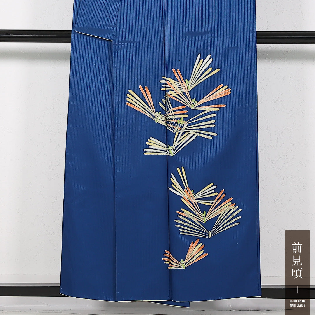 洗える着物 付下げ 袷 身丈154cm 裄丈66cm ポリエステル Aランク インフォーマル 広衿 Sサイズ 松葉 青系 RP 1218-17427
