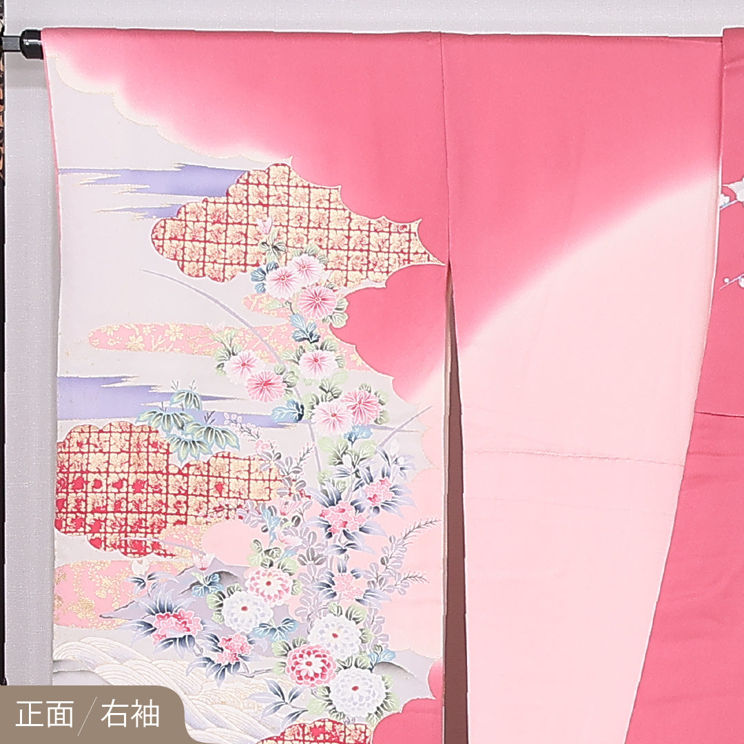 振袖 袷 身丈165cm 裄丈66cm 正絹 Bランク フォーマル 広衿 XLサイズ 鳳翔 作家物 落款 尾長鳥 牡丹 松 ピンク系 M4 1215-06749