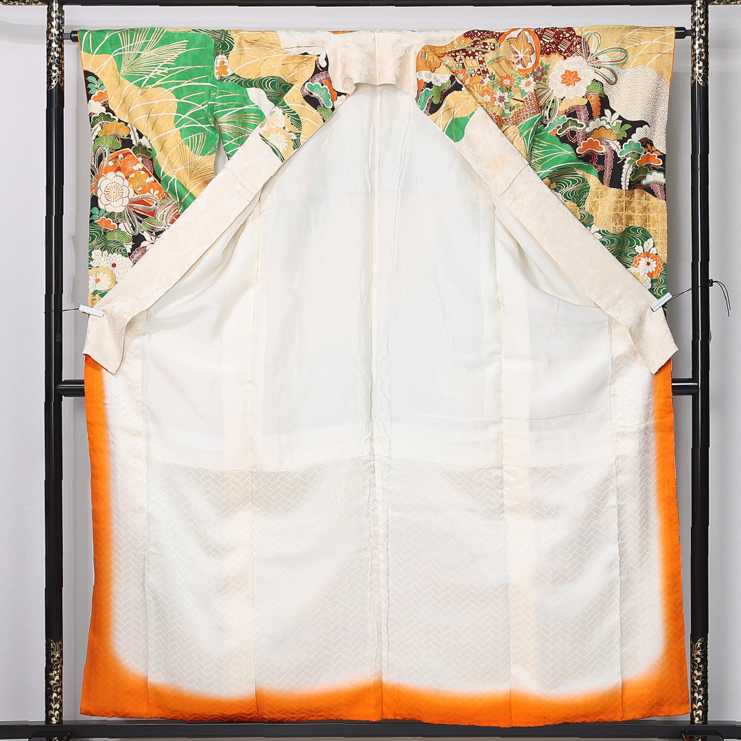 振袖 袷 身丈158cm 裄丈63cm 正絹 Bランク フォーマル 広衿 Mサイズ 刺繍 貝桶 牡丹 松 多色系 RP 1215-06738