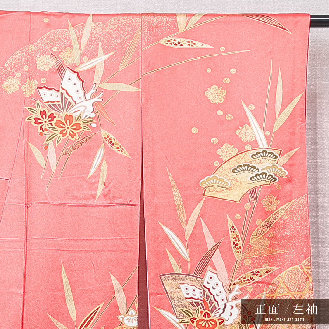 振袖 袷 身丈160cm 裄丈64cm 正絹 Sランク フォーマル 広衿 Lサイズ 蝶 光悦垣 ピンク系 RP 1215-07048