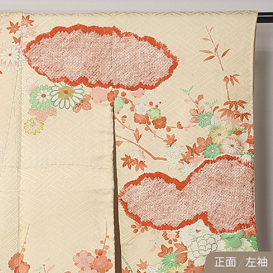 振袖 袷 身丈153cm 裄丈65cm 正絹 Cランク 一つ紋 (五三桐) フォーマル 広衿 Sサイズ 花車 ベージュ系 RP 1215-06756