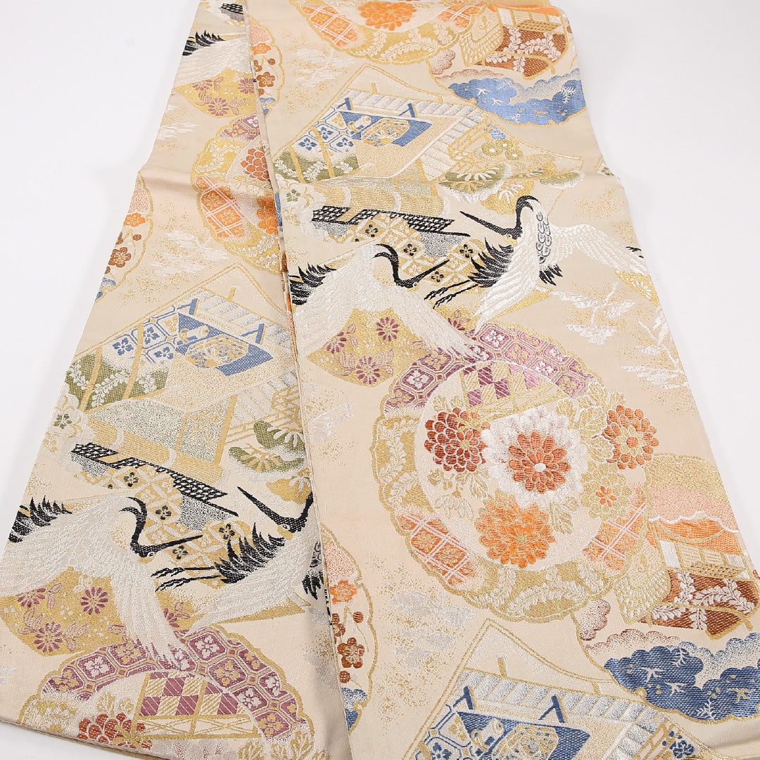 アンティーク 丸帯 帯丈394cm 正絹 全通 鶴 菊 松 クリーム系 1242-02568