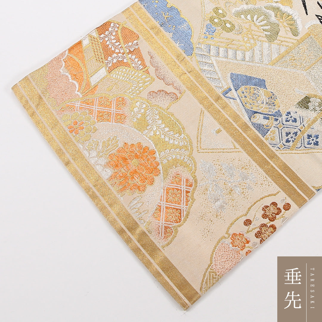 アンティーク 丸帯 帯丈394cm 正絹 全通 鶴 菊 松 クリーム系 1242-02568