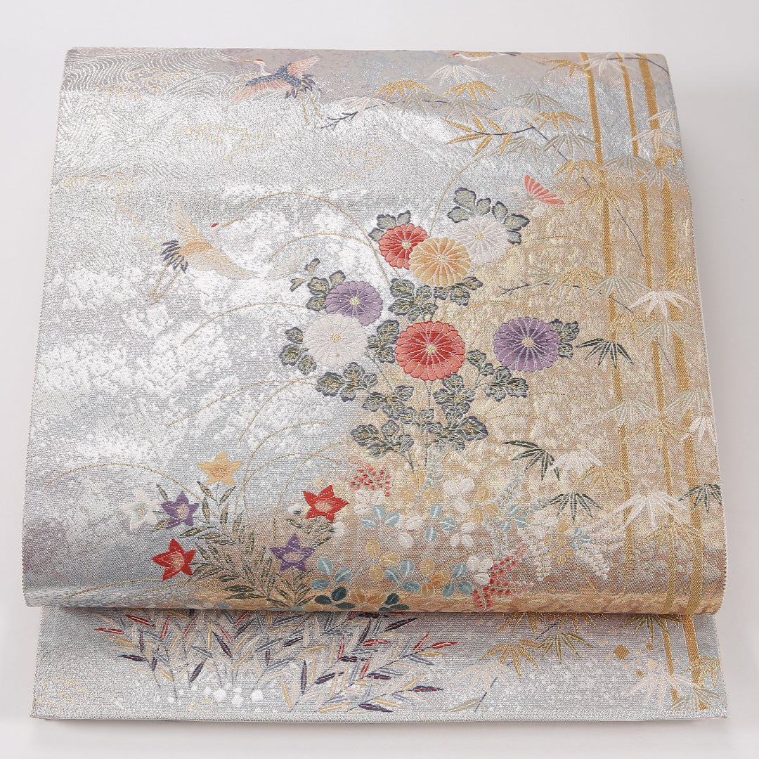 鶴 袋帯 帯丈428cm 正絹 六通 フォーマル 菊 白系 銀系 1243-02635