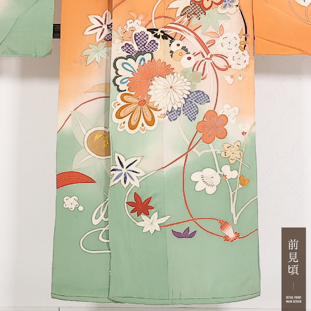 アンティーク 小振袖 袷 身丈146cm 裄丈63cm 正絹 Dランク バチ衿 XSサイズ 刺繍 相良刺繍 金駒刺繍 花鼓 梅 朱系 M4 1216-17553