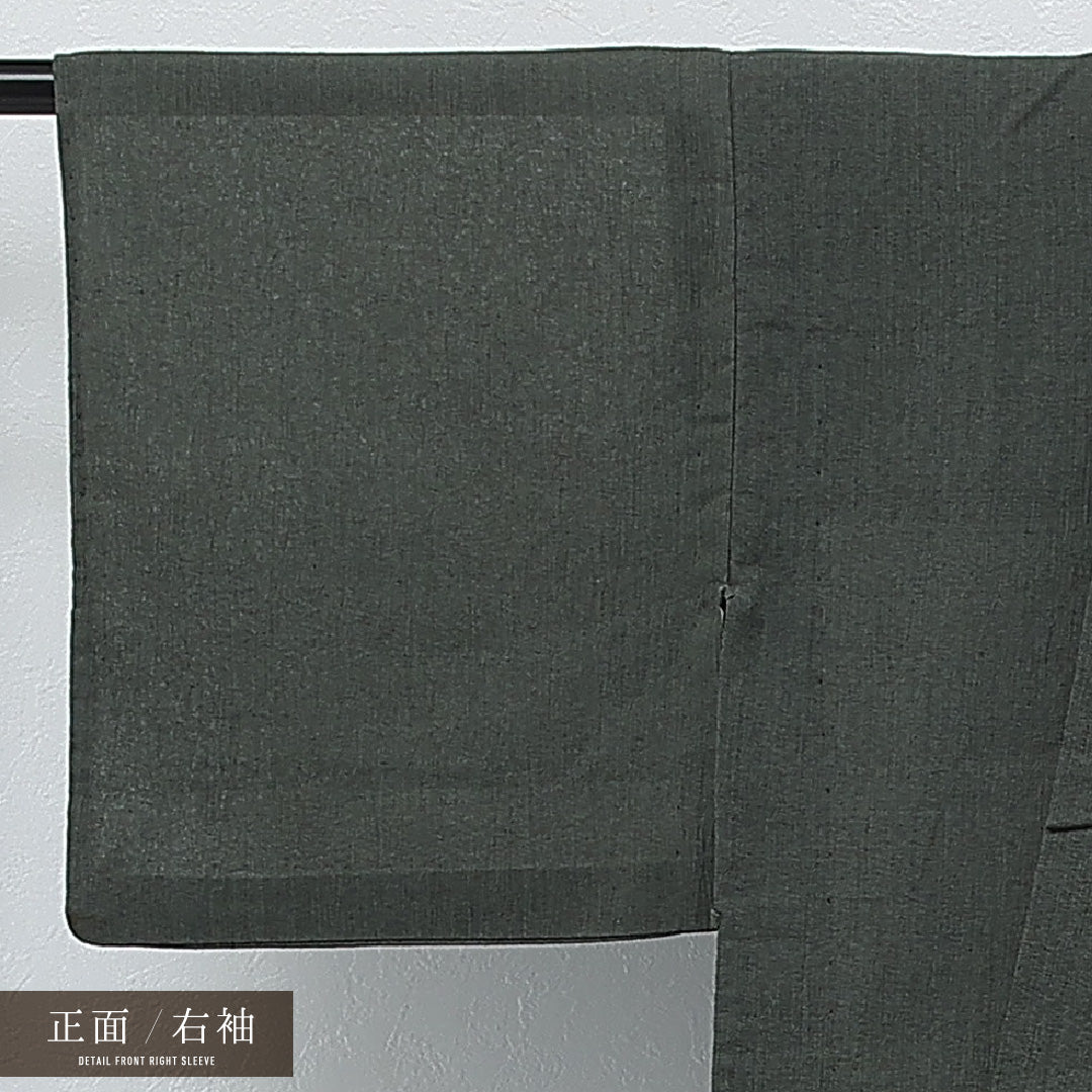 夏物 洗える着物 麻の男着物 夏紬 身丈135cm 裄丈60cm 麻 Sランク カジュアル 棒衿 Lサイズ 色無地 居敷当て 肩当て 無地 緑系 RP 1224-17273