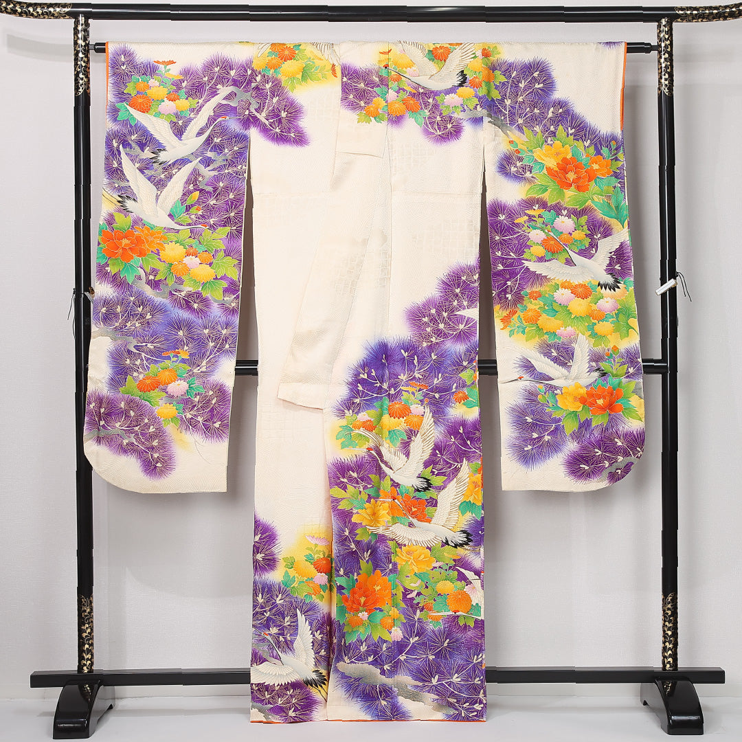 振袖 袷 身丈164cm 裄丈66cm 正絹 Bランク フォーマル 広衿 Lサイズ 鶴 菊 松 クリーム系 RP 1215-06739