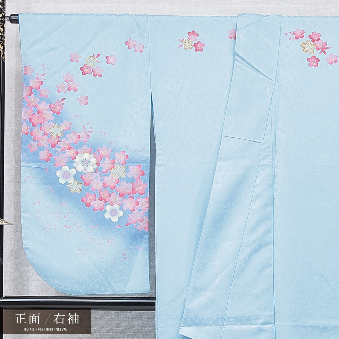 洗える着物 小振袖 袷 身丈169cm 裄丈67cm ポリエステル Cランク セミフォーマル 広衿 XLサイズ 桜 水色系 LP 1216-07031