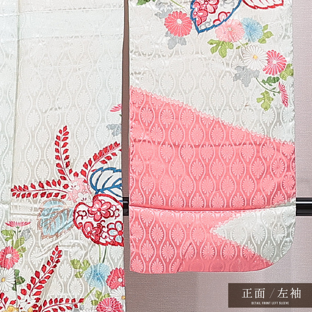 振袖 袷 身丈157cm 裄丈63cm 正絹 Cランク フォーマル 広衿 Mサイズ 刺繍 菊 桐 緑系 LP 1215-07022