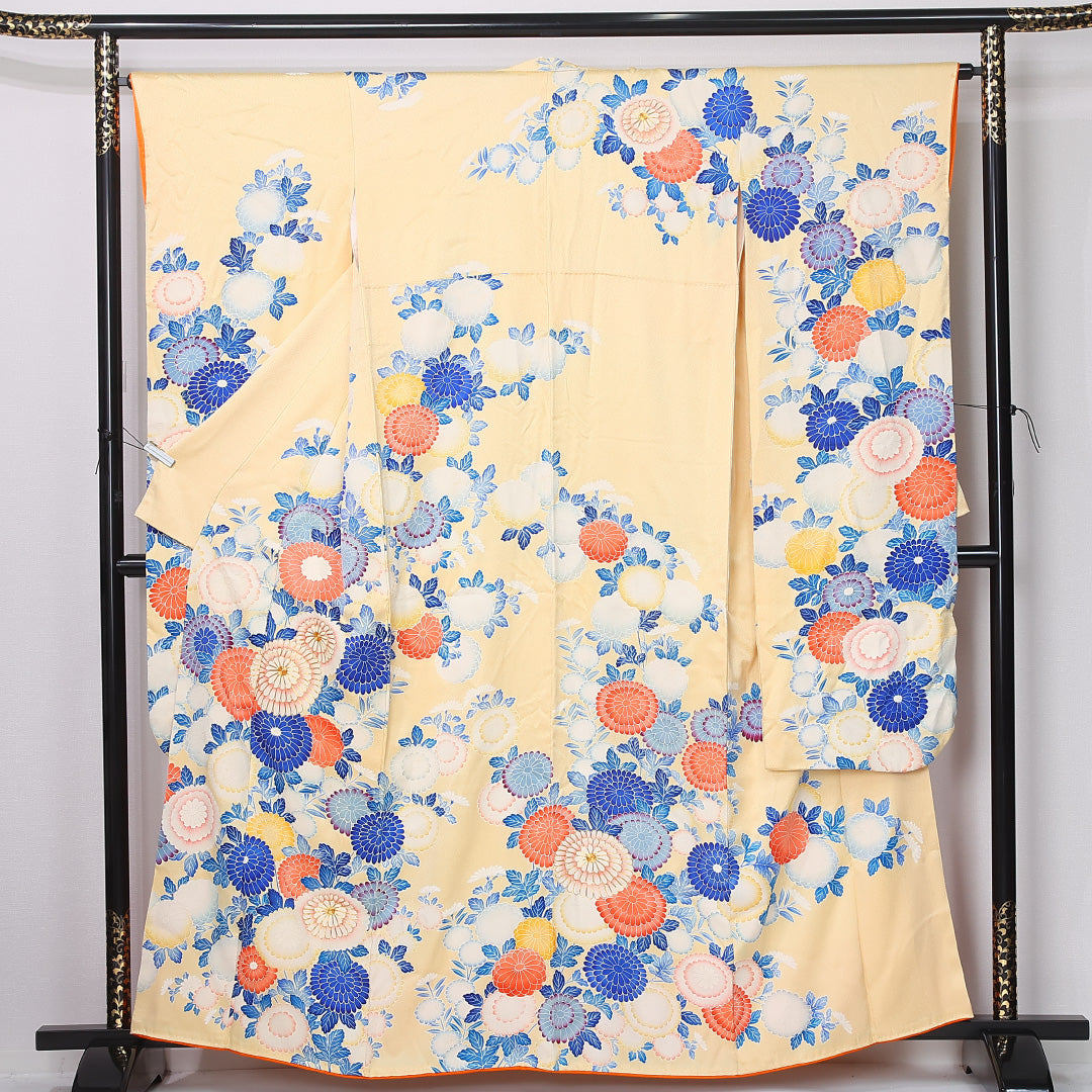 振袖 袷 身丈160cm 裄丈65cm 正絹 Bランク フォーマル 広衿 Lサイズ 刺繍 菊 黄系 RP 1215-06730