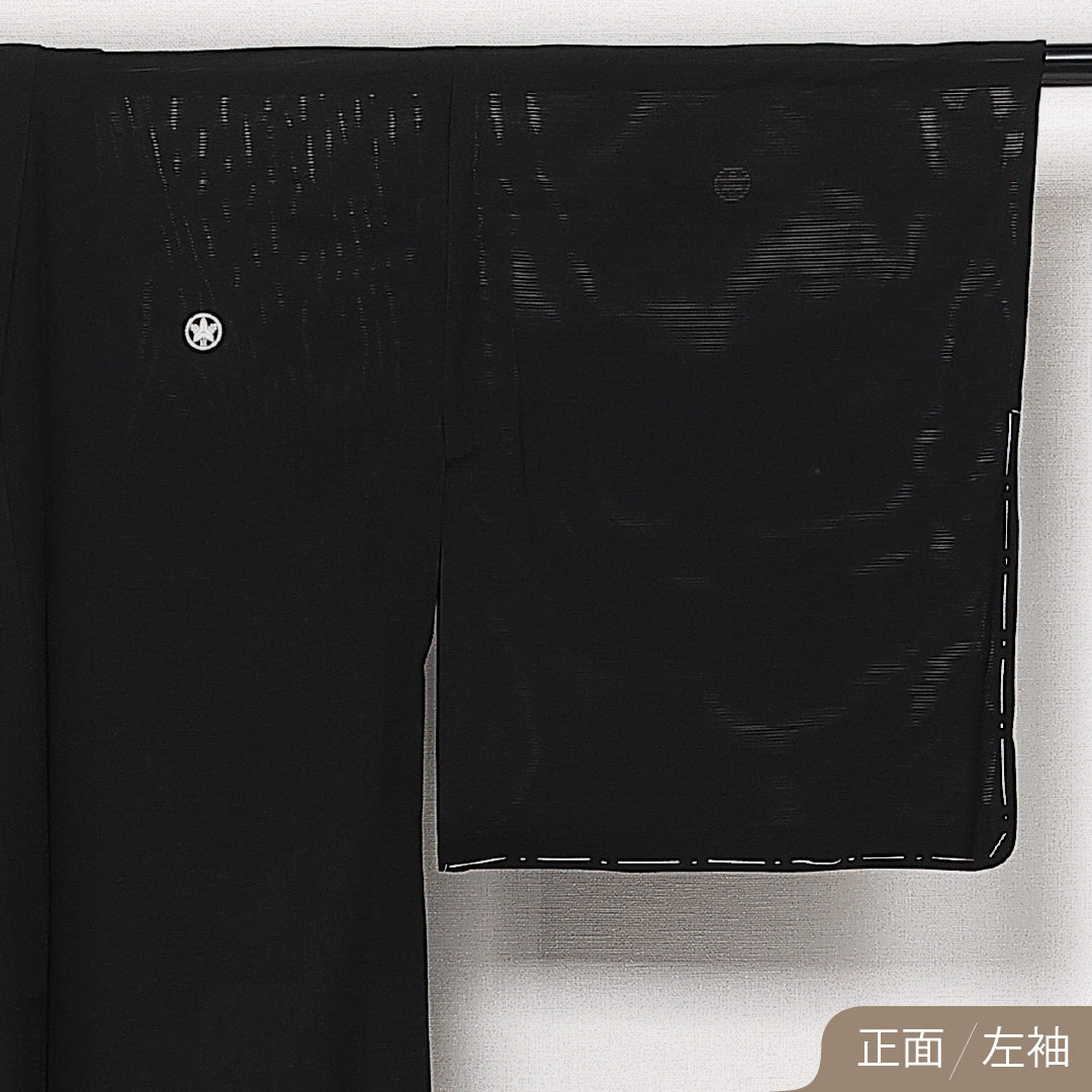 夏物 黒紋付 絽 身丈162cm 裄丈66cm 正絹 Sランク 五つ紋 (丸に立ち沢瀉) 弔事用 広衿 Lサイズ 黒系 RP 1230-06859