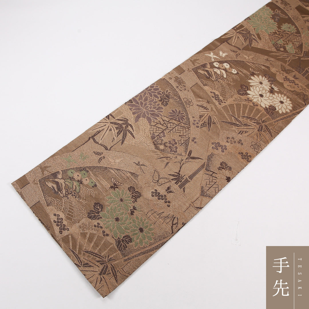 アンティーク 丸帯 帯丈392cm 正絹 全通 扇面文 竹 茶系 1242-02564