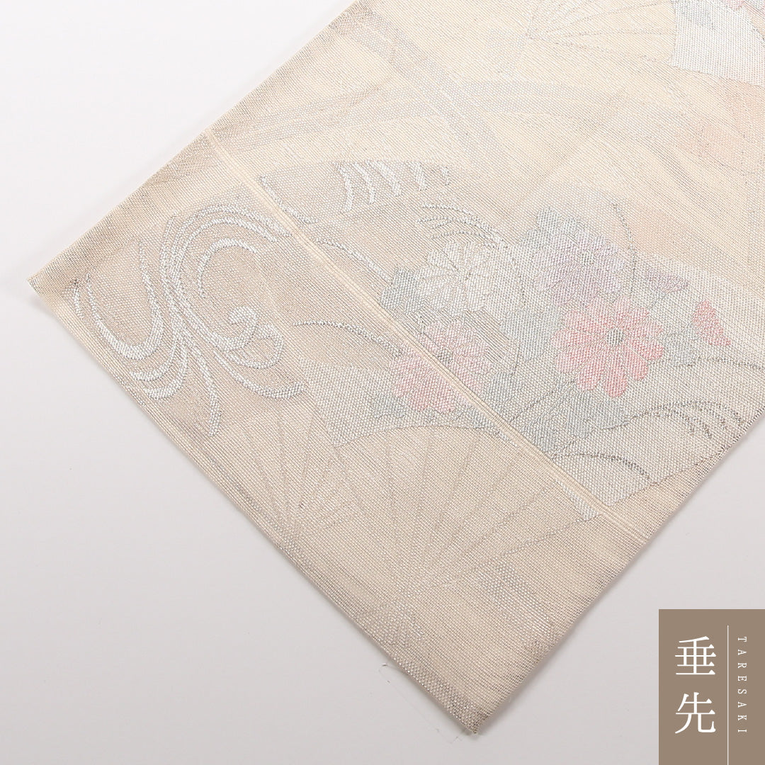 夏物 袋帯 帯丈422cm 正絹 六通 セミフォーマル 綴れ織 扇面文 菊 桔梗 クリーム系 1243-02514