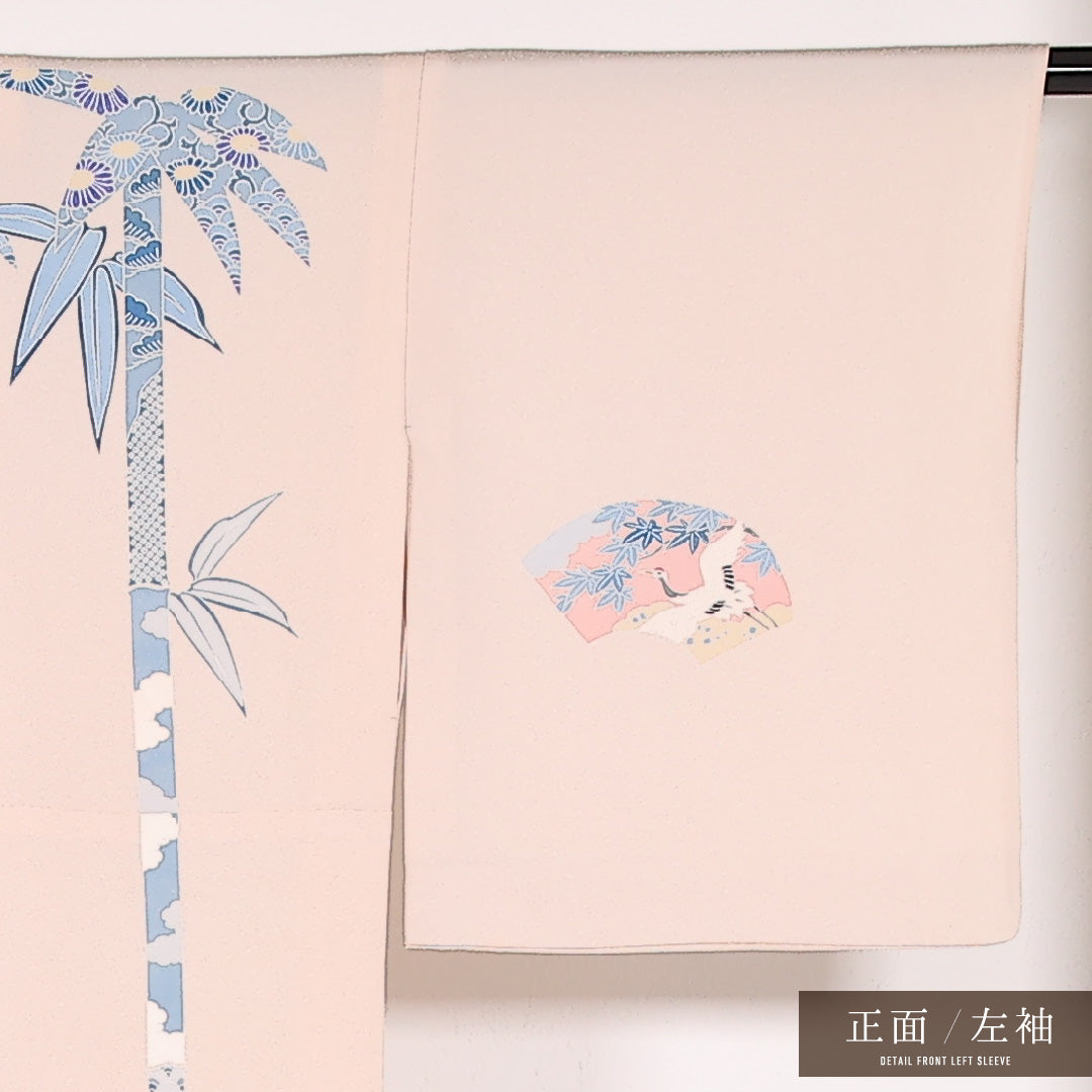 訪問着 単衣 身丈158cm 裄丈63cm 正絹 Bランク セミフォーマル 広衿 XLサイズ 刺繍 扇面文 鶴 ピンク系 RP 1217-17521