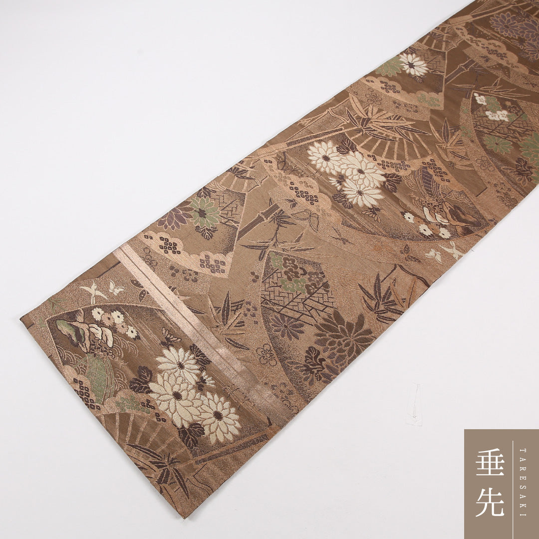 アンティーク 丸帯 帯丈392cm 正絹 全通 扇面文 竹 茶系 1242-02564