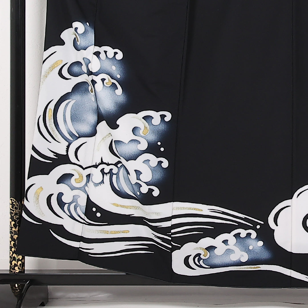洗える着物 訪問着 袷 身丈158cm 裄丈66cm ポリエステル Sランク 踊り用 バチ衿 Lサイズ 波頭 黒系 LP 1217-17507