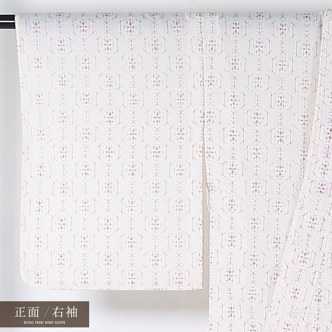 夏物 洗える着物 麻の紬 身丈153cm 裄丈62cm 麻 Cランク カジュアル バチ衿 XSサイズ 亀甲絣 クリーム系 RP 1223-17375