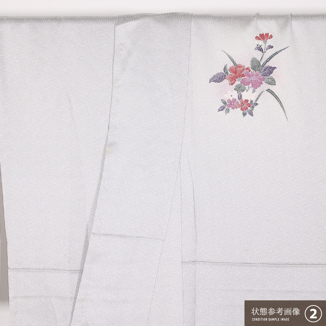 訪問着 袷 身丈161cm 裄丈65cm 正絹 Cランク セミフォーマル 広衿 Lサイズ 刺繍 花扇 グレー系 RP 1217-17519