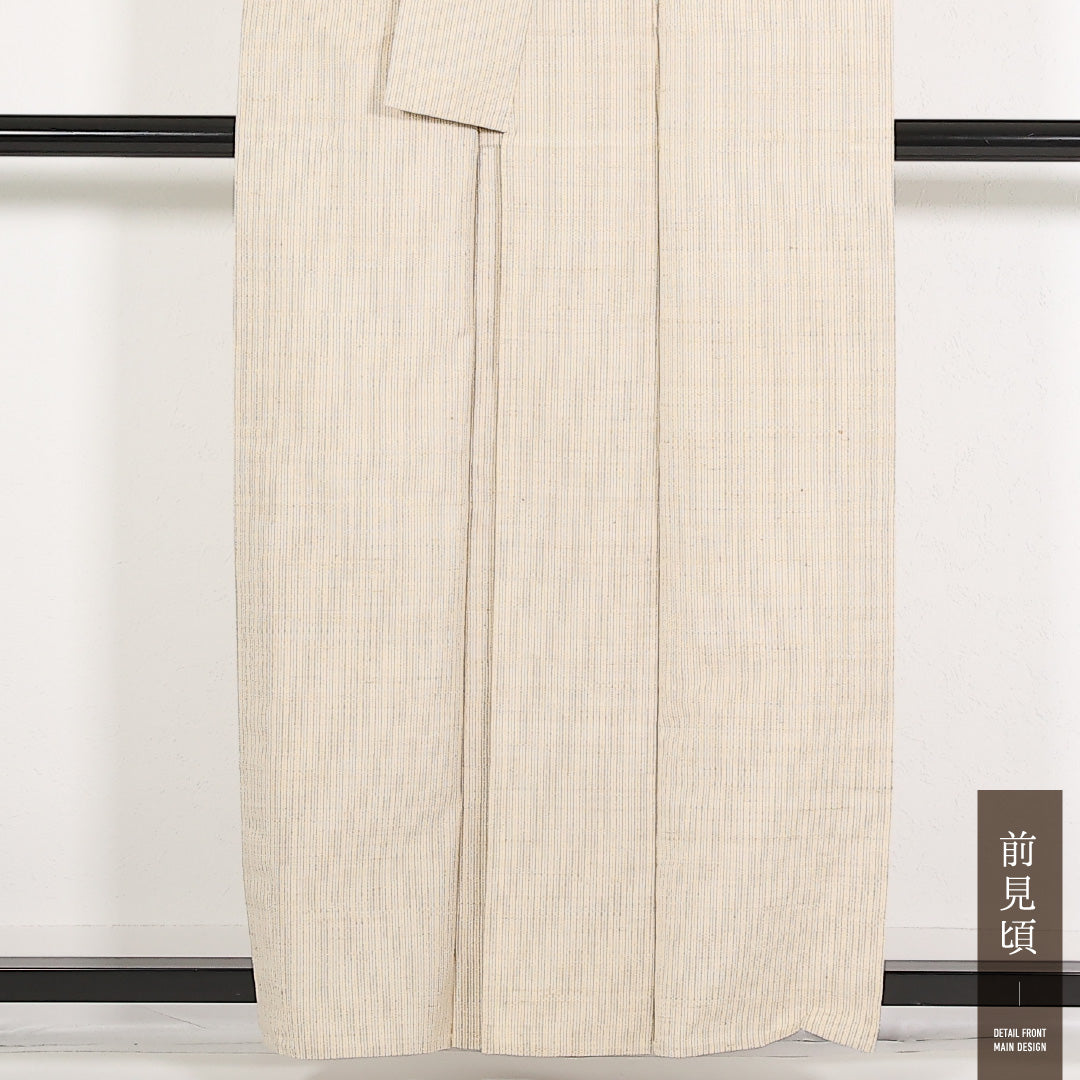上田紬 単衣 身丈157cm 裄丈69cm 正絹 Cランク カジュアル 広衿 Mサイズ 縞 クリーム系 RP 1223-17537