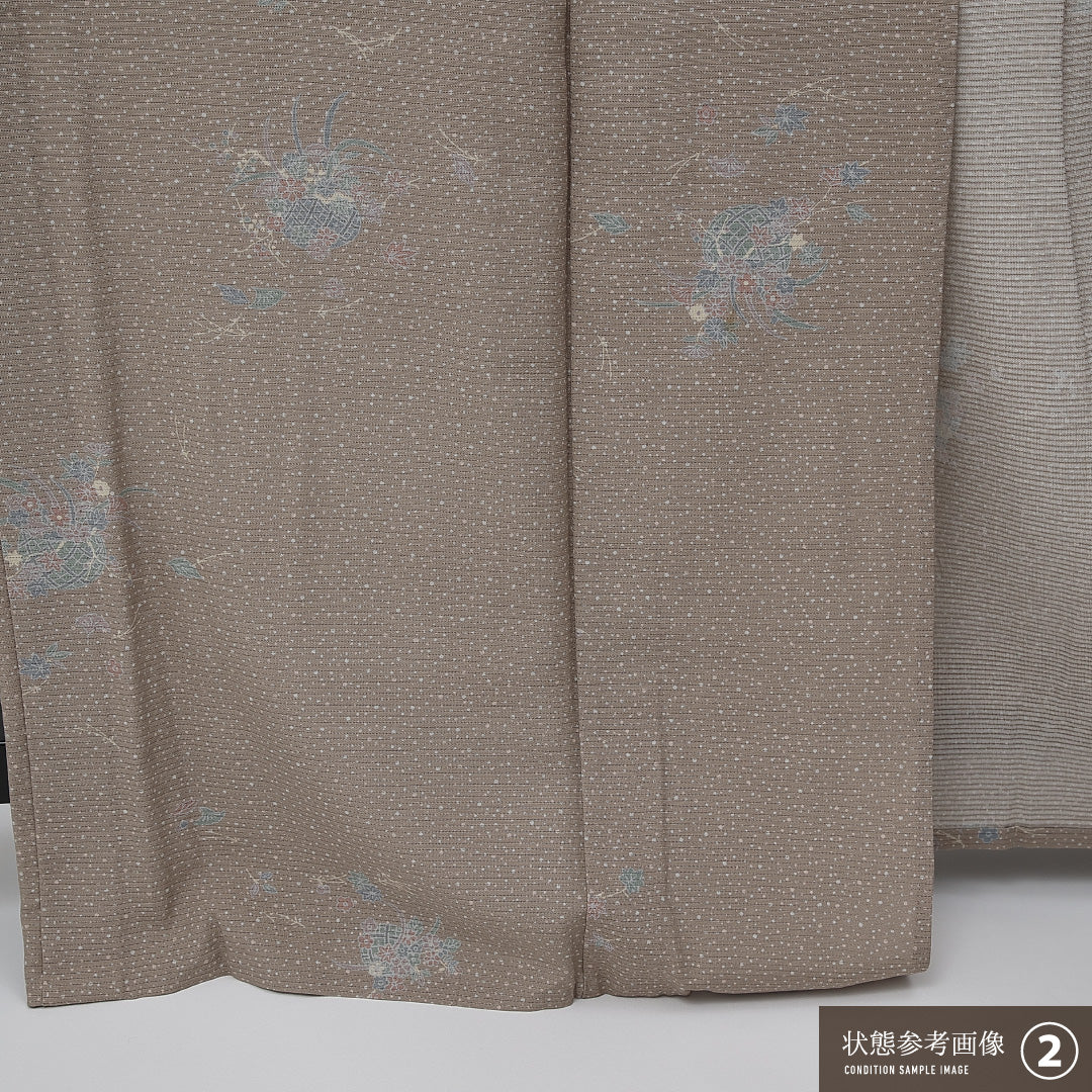 夏物 洗える着物 小紋 絽 身丈166cm 裄丈67cm ポリエステル Aランク インフォーマル 広衿 2XLサイズ 花籠 ベージュ系 RP 1221-17275