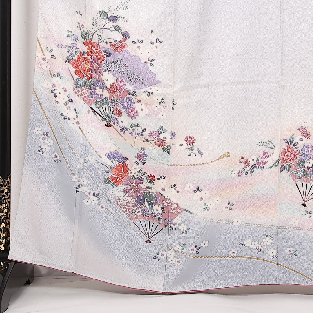 訪問着 袷 身丈161cm 裄丈65cm 正絹 Cランク セミフォーマル 広衿 Lサイズ 刺繍 花扇 グレー系 RP 1217-17519