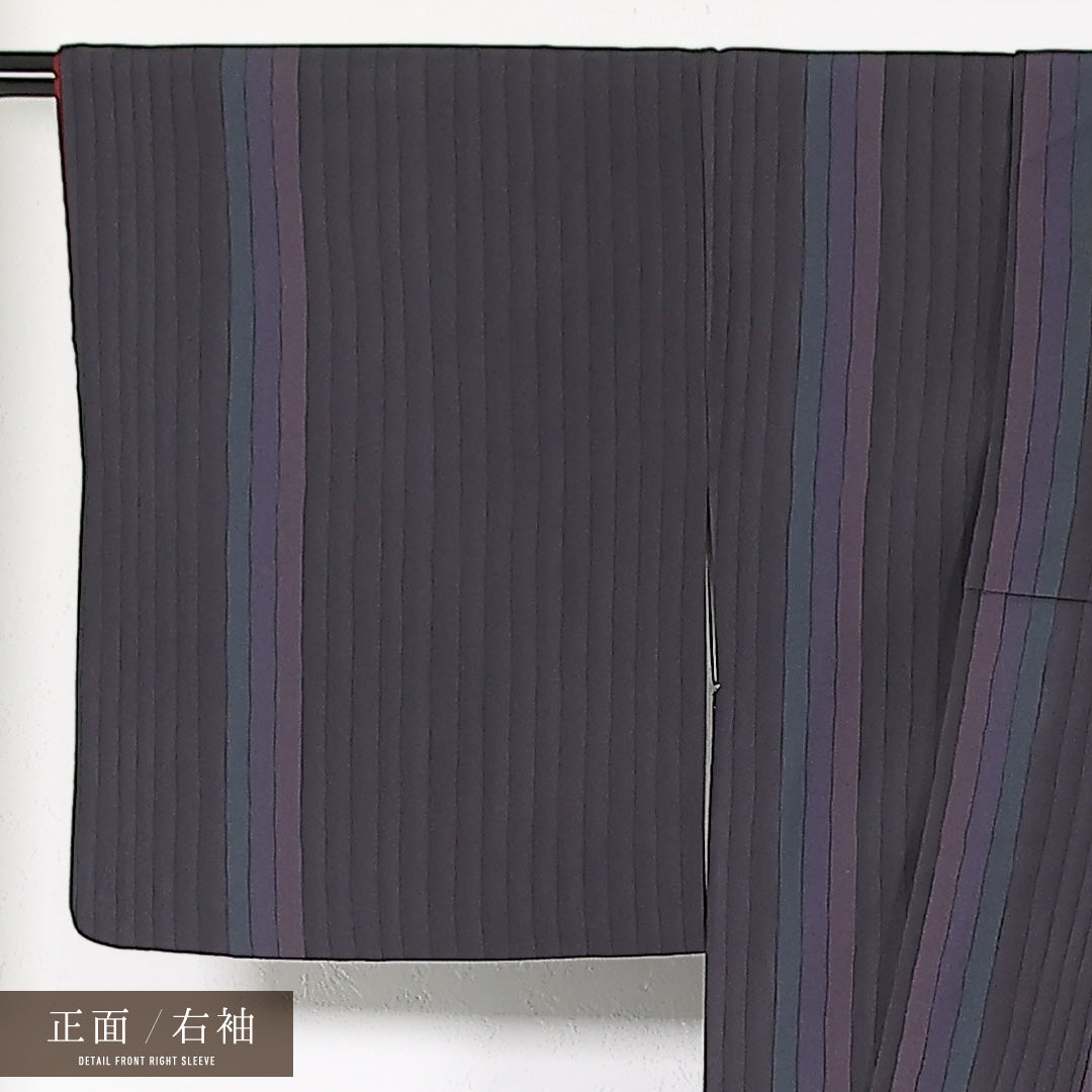 洗える着物 小紋 袷 身丈162cm 裄丈65cm ポリエステル Sランク インフォーマル 広衿 Mサイズ 縞 紫系 RP 1221-17451