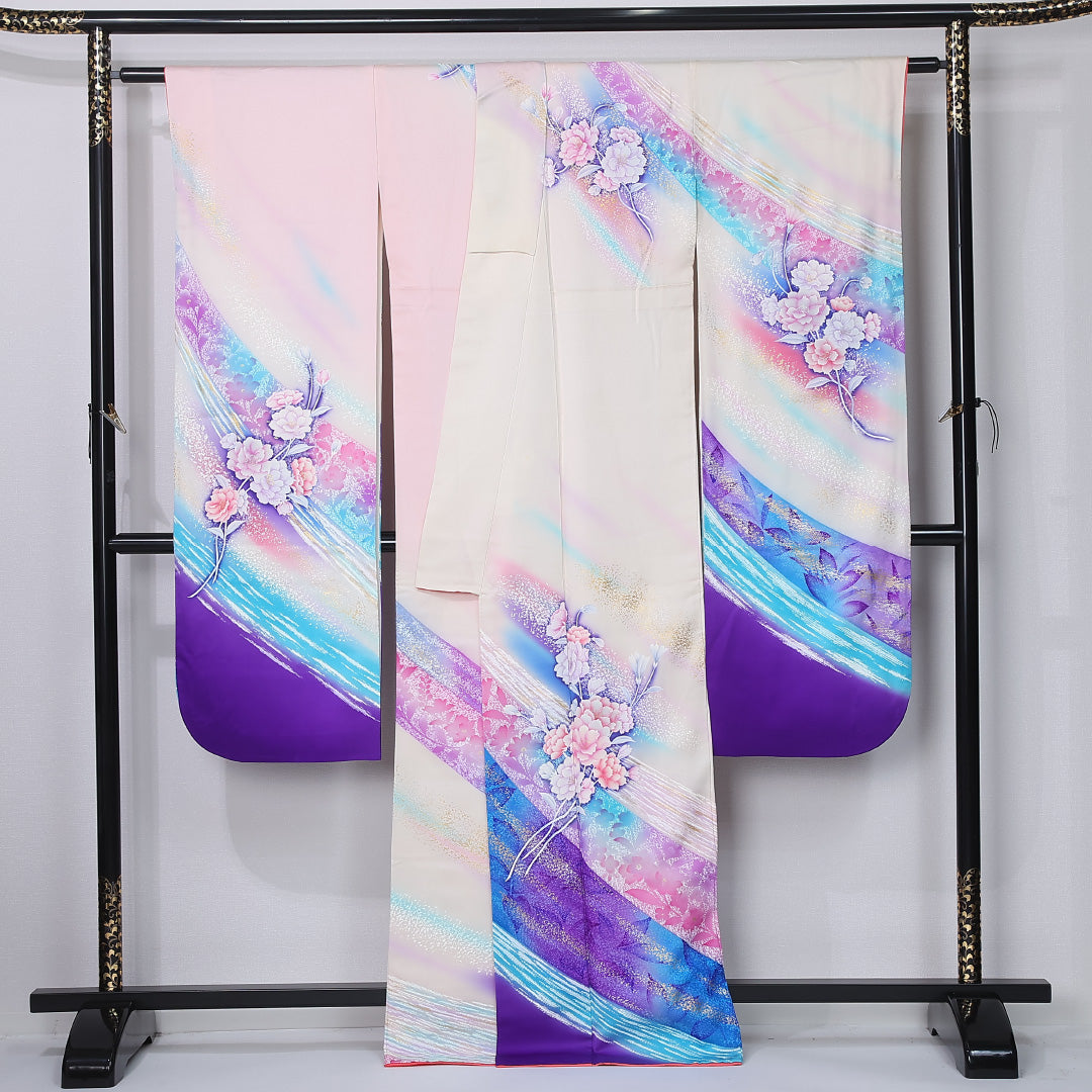 振袖 袷 身丈164cm 裄丈67cm 正絹 Aランク フォーマル 広衿 Lサイズ 秋山庄太郎 作家物 落款 牡丹 多色系 M4 1215-06720