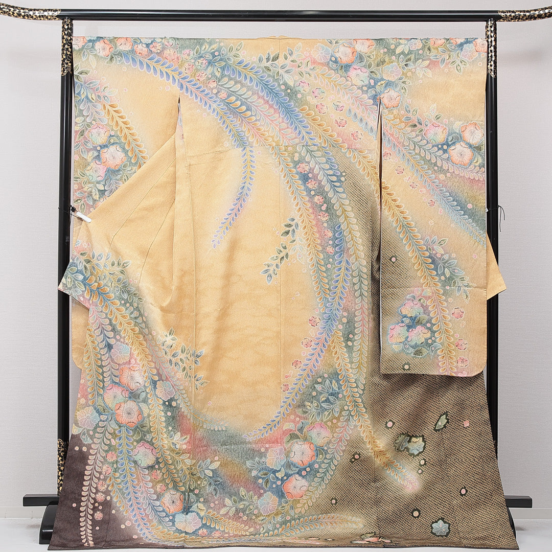 振袖 袷 身丈180cm 裄丈66cm 正絹 Aランク フォーマル 広衿 3XLサイズ 花柄 ベージュ系 RP 1215-06983