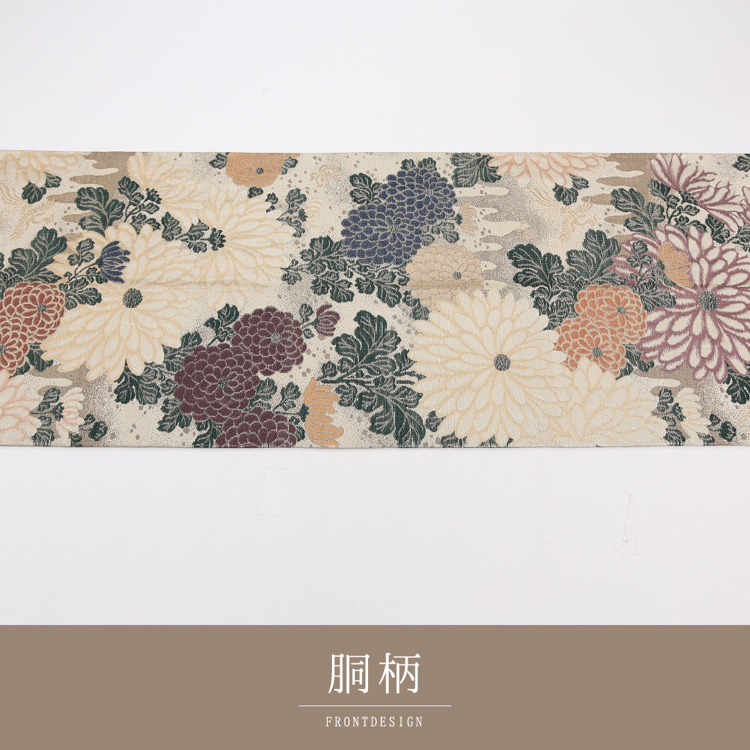 アンティーク 丸帯 帯丈396cm 正絹 全通 菊 クリーム系 1242-02560