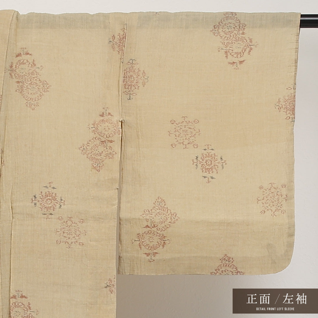 夏物 洗える着物 麻の紬 身丈150cm 裄丈63cm 麻 Cランク カジュアル バチ衿 Sサイズ 菊唐草文 ベージュ系 RP 1223-17289