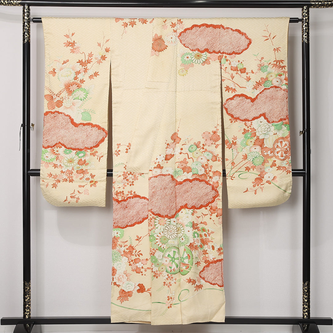 振袖 袷 身丈153cm 裄丈65cm 正絹 Cランク 一つ紋 (五三桐) フォーマル 広衿 Sサイズ 花車 ベージュ系 RP 1215-06756
