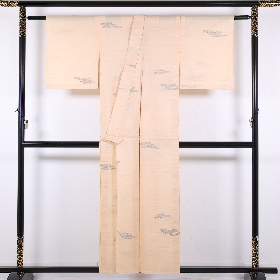 夏物 紬 夏紬 身丈154cm 裄丈62cm 正絹 Cランク カジュアル バチ衿 Sサイズ 観世水 ベージュ系 RP 1223-17346