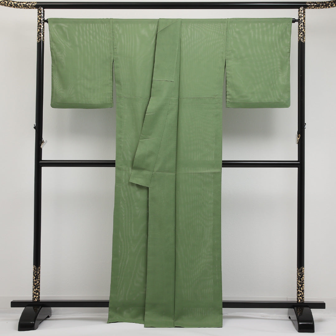 夏物 洗える着物 色無地 絽 身丈165cm 裄丈68cm ポリエステル Sランク インフォーマル 広衿 Mサイズ 無地 緑系 RP 1219-17318