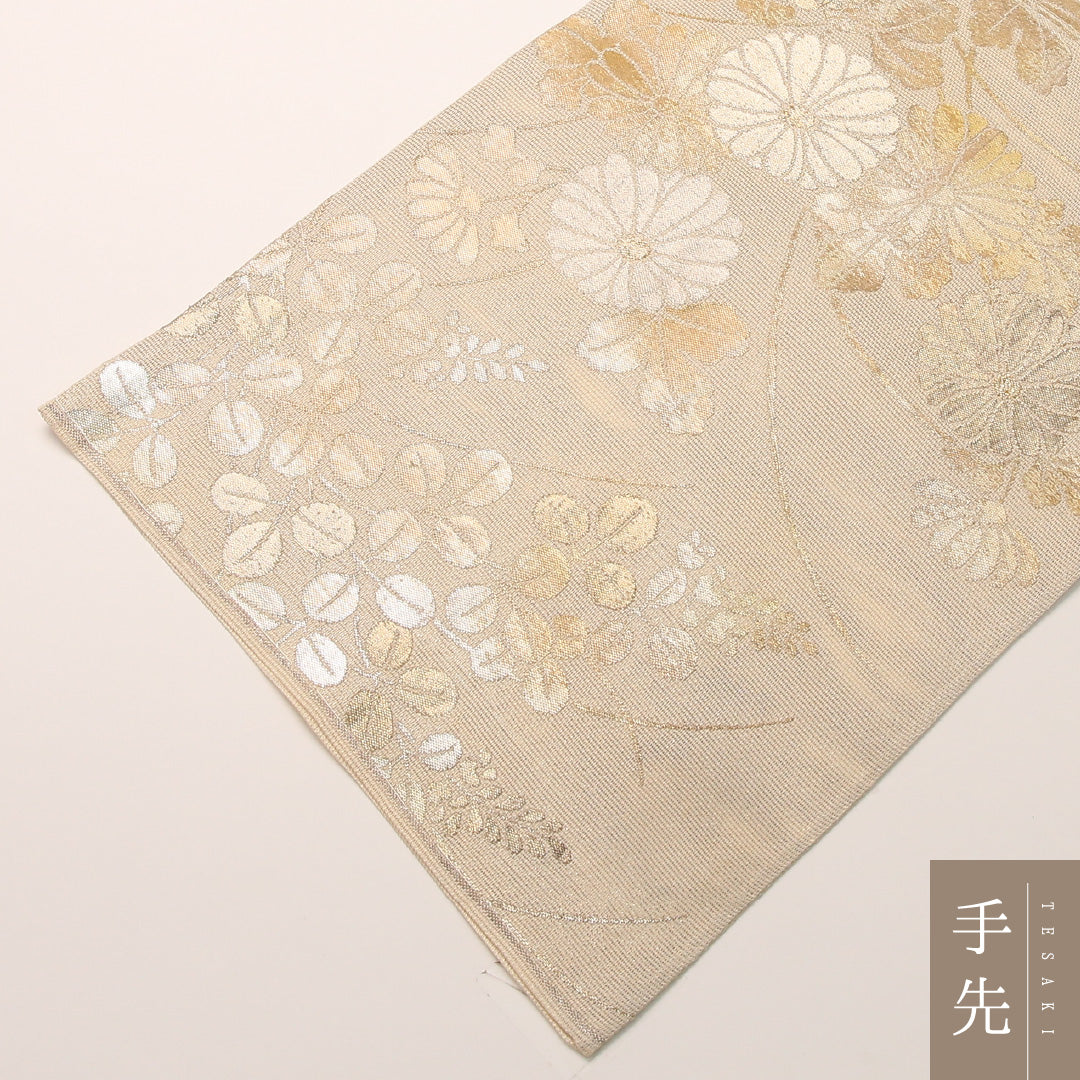 夏物 袋帯 帯丈416cm 正絹 六通 セミフォーマル 菊 萩 クリーム系 1243-02458