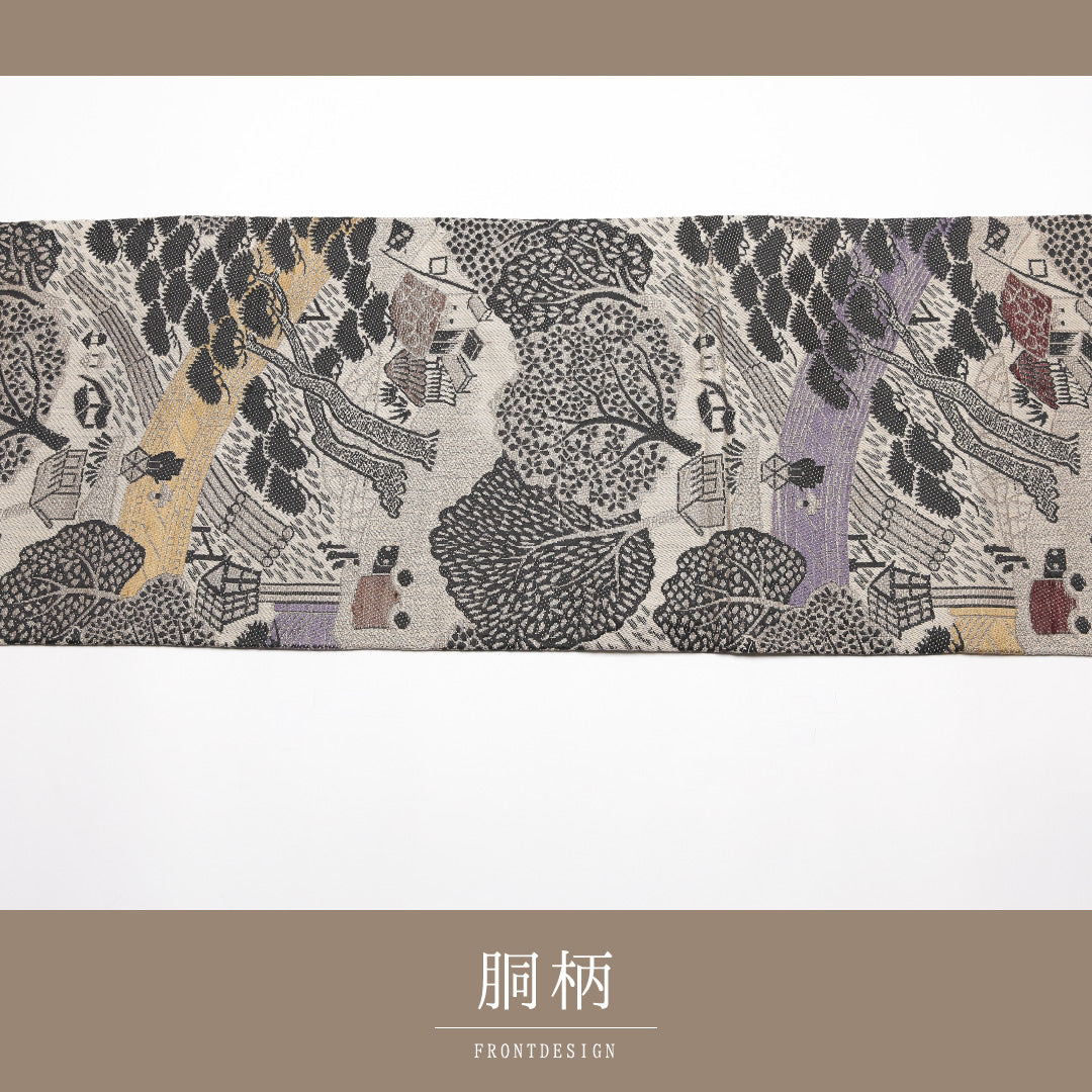 アンティーク 丸帯 帯丈380cm 正絹 全通 茶屋辻 グレー系 クリーム系 1242-02425