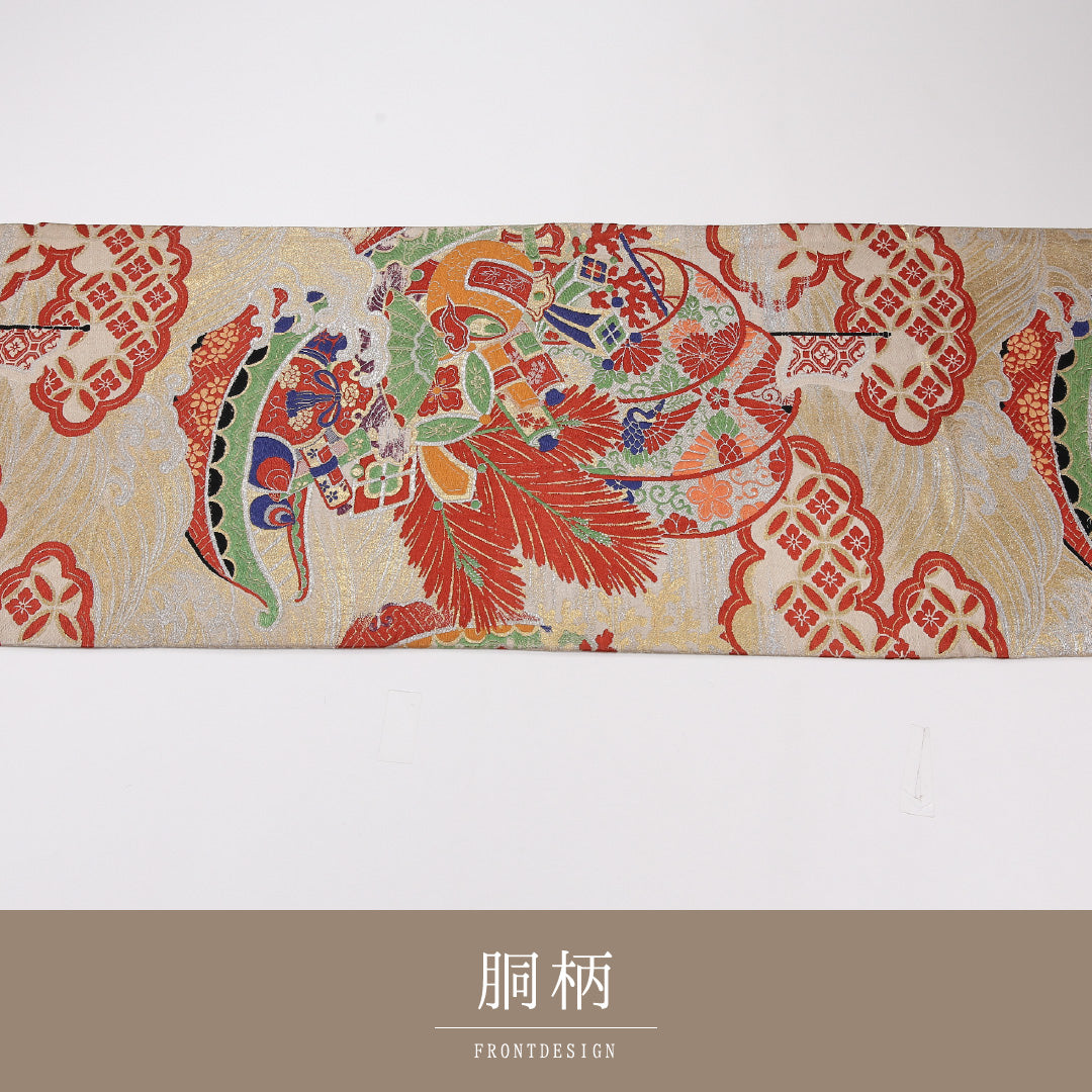 吉祥文様 アンティーク 丸帯 帯丈368cm 正絹 全通 クリーム系 1243-02605