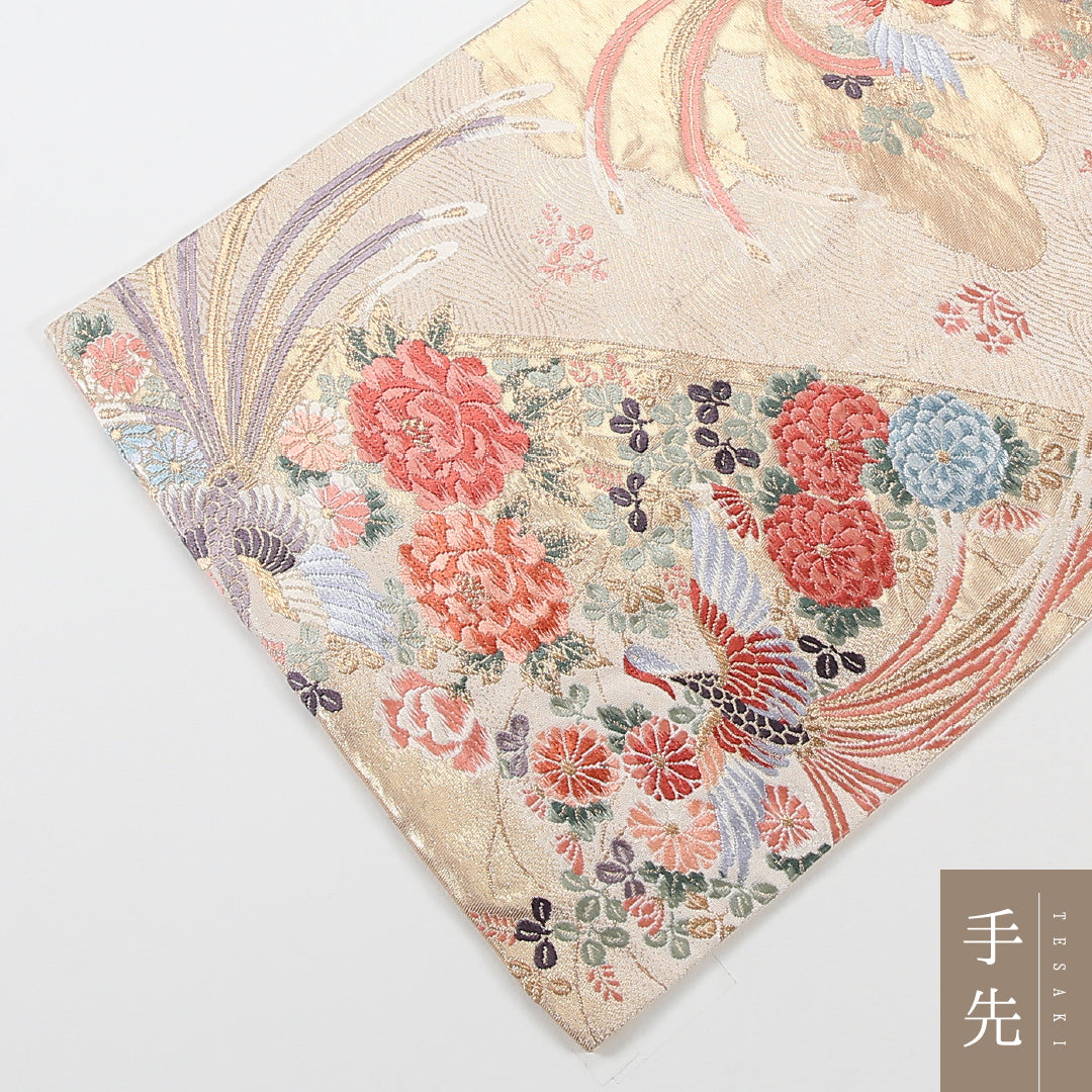 尾長鳥 袋帯 帯丈428cm 正絹 六通 フォーマル クリーム系 白系 1243-02582