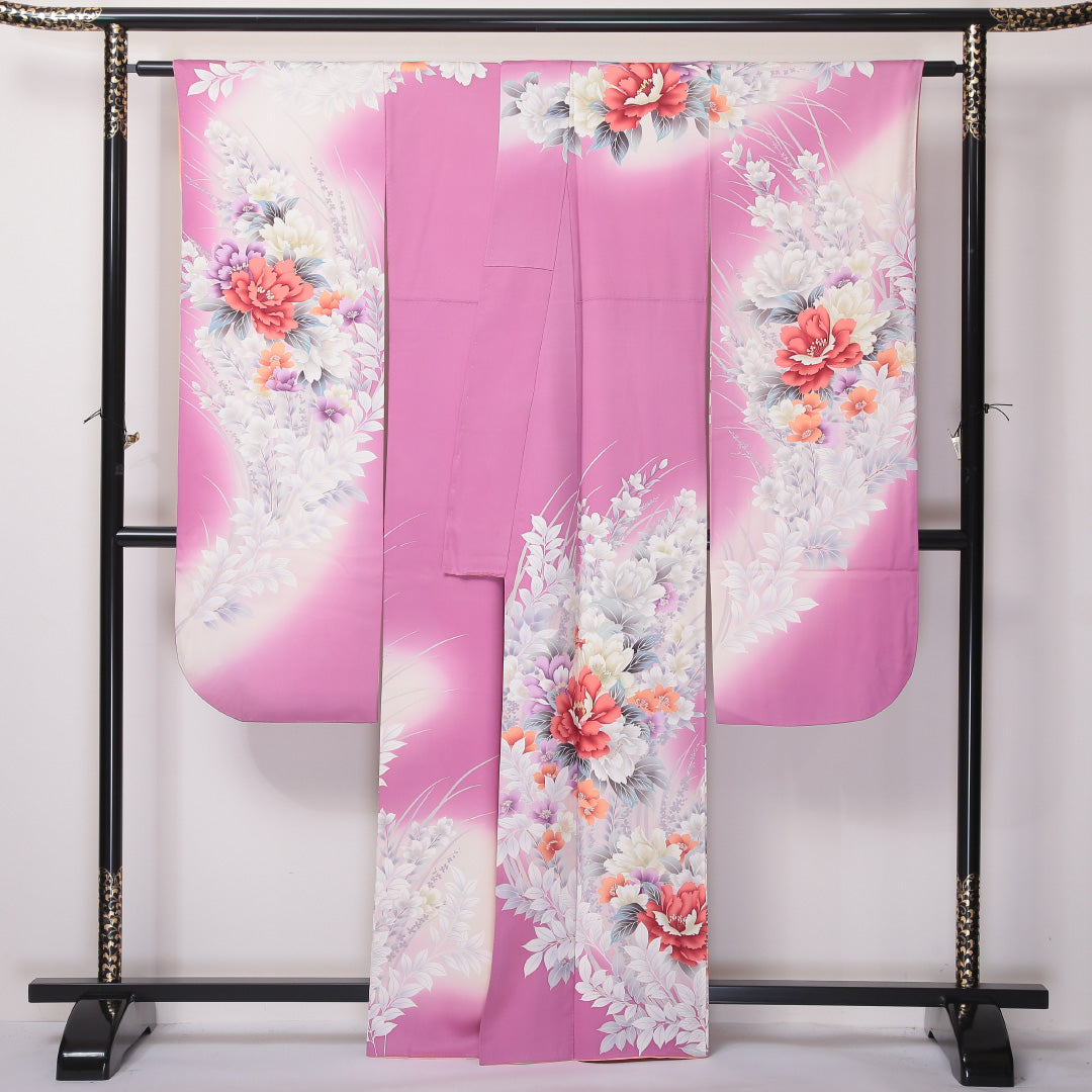 振袖 袷 身丈164cm 裄丈66cm 正絹 Sランク フォーマル 広衿 Lサイズ 金彩 牡丹 竜胆 ピンク系 RP 1215-06351