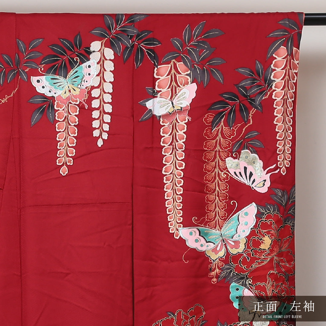振袖 袷 身丈168cm 裄丈67cm 正絹 Aランク フォーマル 広衿 XLサイズ 蝶 藤 牡丹 赤系 RP 1215-06333