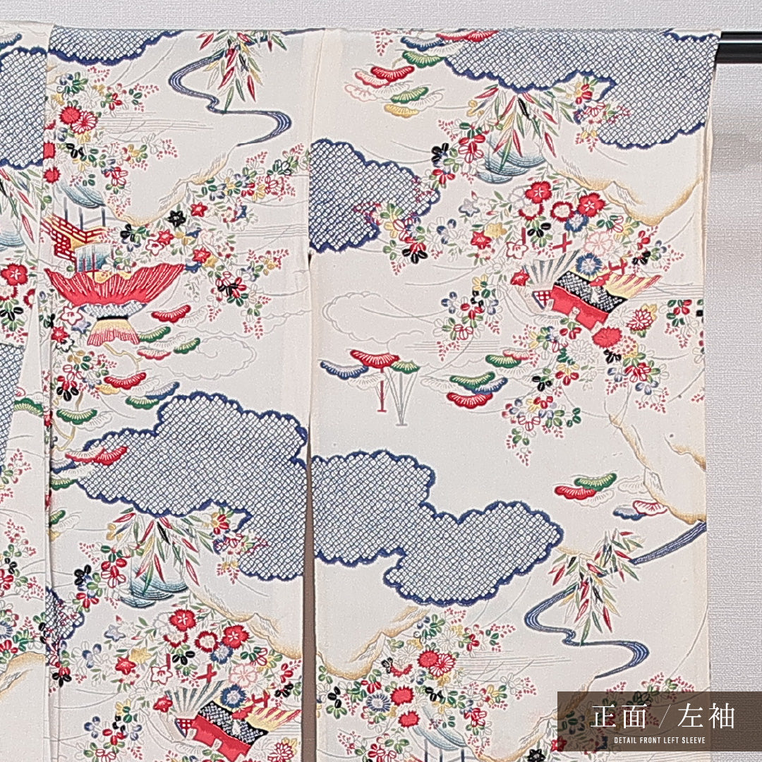 アンティーク 振袖 単衣 身丈156cm 裄丈62cm 正絹 Cランク 一つ紋 (橘) バチ衿 Mサイズ 吉祥文様 クリーム系 RP 1215-07029