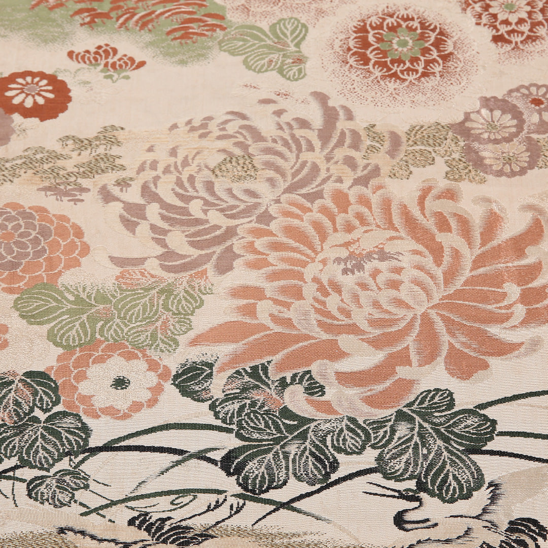 アンティーク 丸帯 帯丈372cm 正絹 全通 鶴 菊 ベージュ系 1242-02565