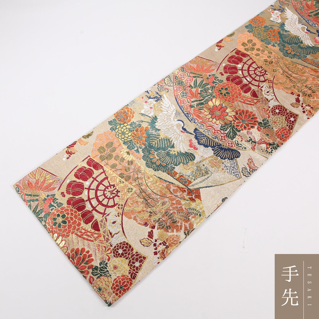 アンティーク 丸帯 帯丈388cm 正絹 全通 扇面文 菊 松 ベージュ系 1242-02566