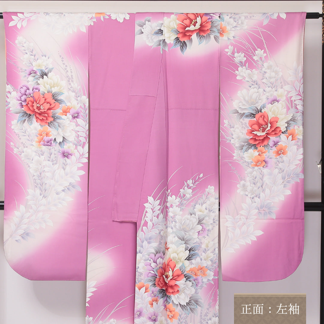 振袖 袷 身丈164cm 裄丈66cm 正絹 Sランク フォーマル 広衿 Lサイズ 金彩 牡丹 竜胆 ピンク系 RP 1215-06351