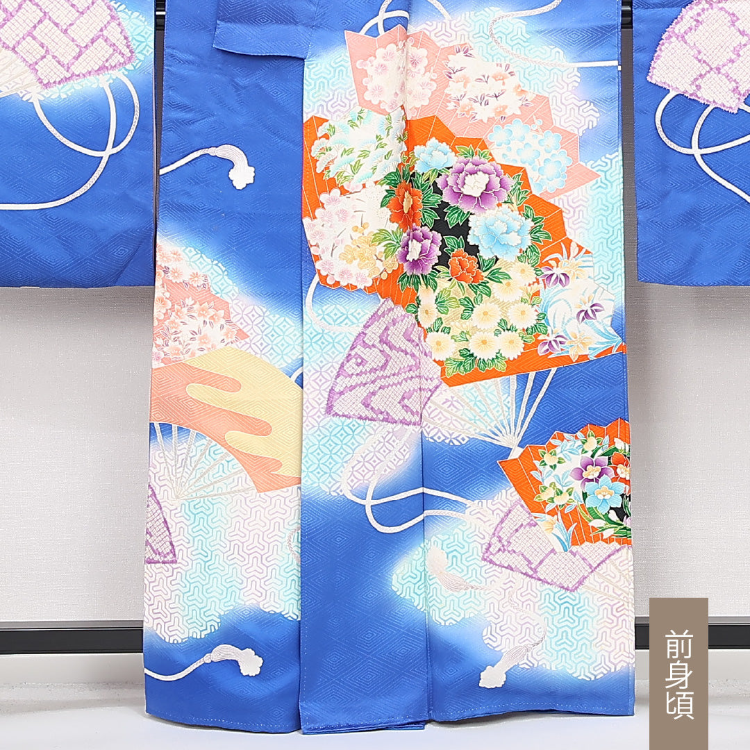振袖 袷 身丈162cm 裄丈66cm 正絹 Cランク フォーマル 広衿 Lサイズ 扇面文 吉祥文様 青系 RP 1215-06785