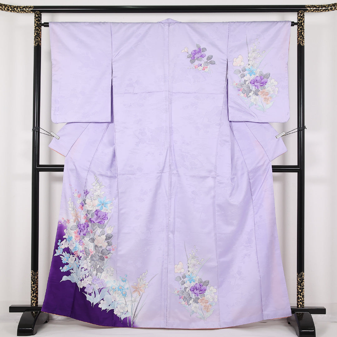 洗える着物 訪問着 袷 身丈162cm 裄丈64cm ポリエステル Aランク セミフォーマル 広衿 Lサイズ 花柄 紫系 RP 1217-17439